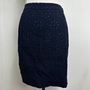 J. Crew The Pencil Skirt Navy Blue Cotton Floral Eyelet Lace Lined Size 2